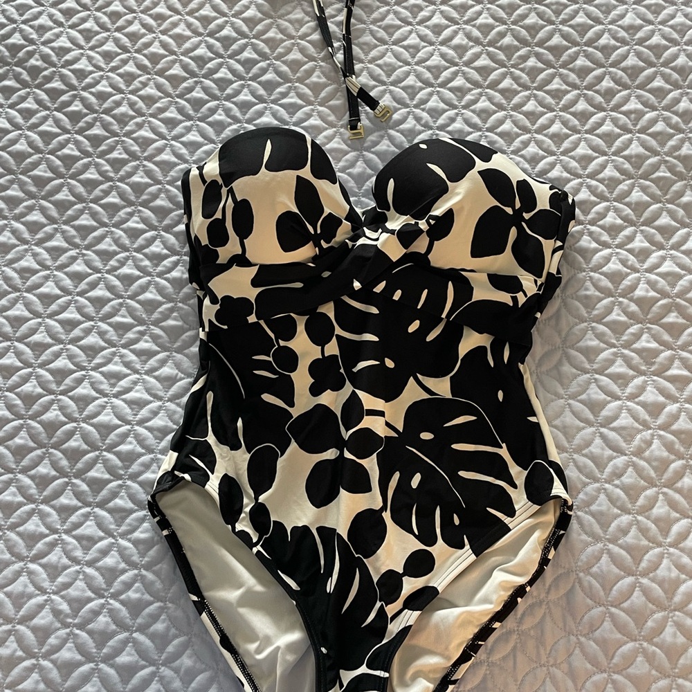 Kids Swim Black and White Leaf Print Swimsuit